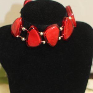 Chunky red stretch bracelet with silver beads